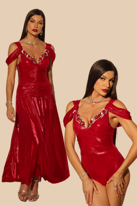 Radiant Scarlet 2pcs Bodysuit & Skirt Set