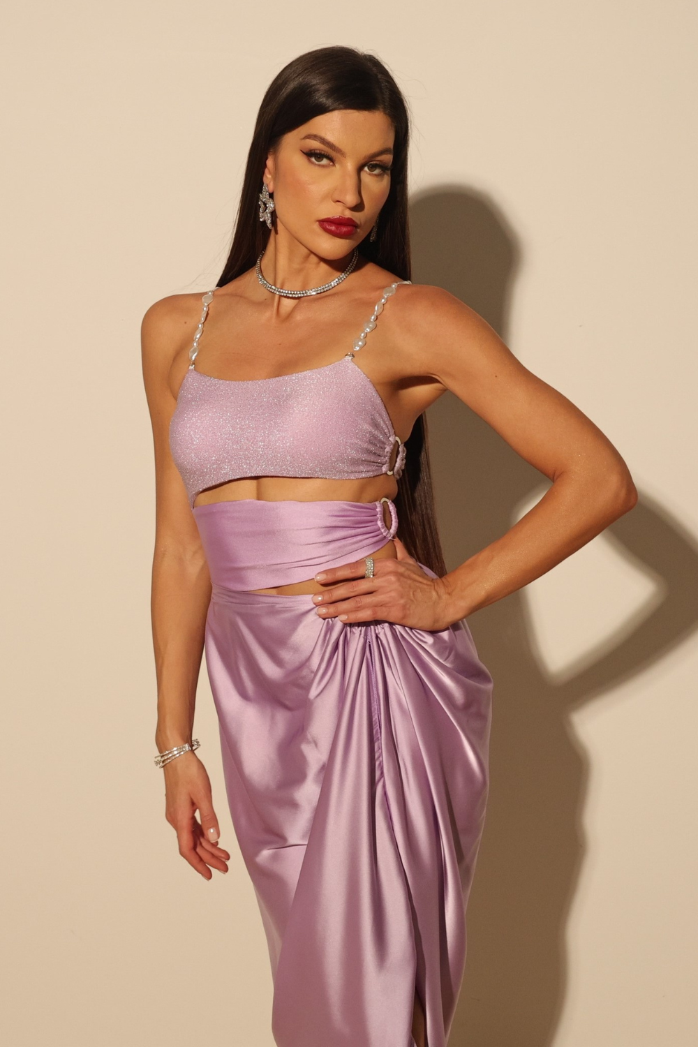 Purple Bodysuit & Satin Skirt Set