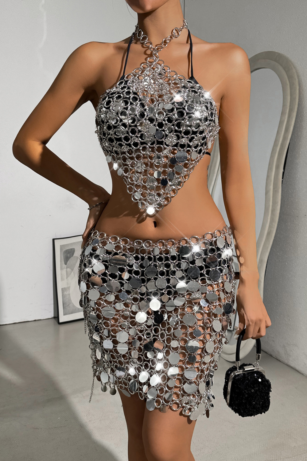 Silver Circle Sequin Skirt Set