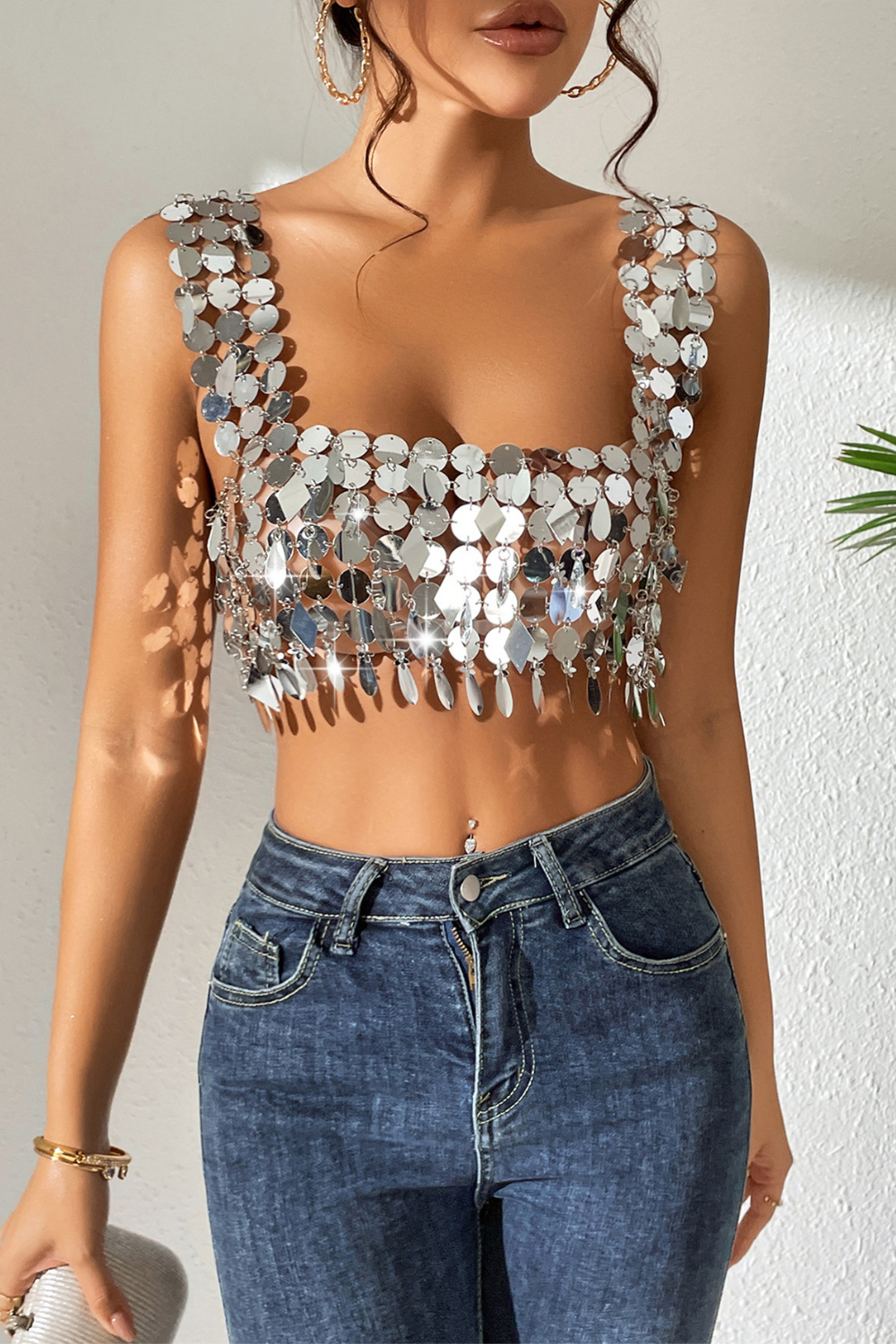 Bead Sequin Sling Tassel Top