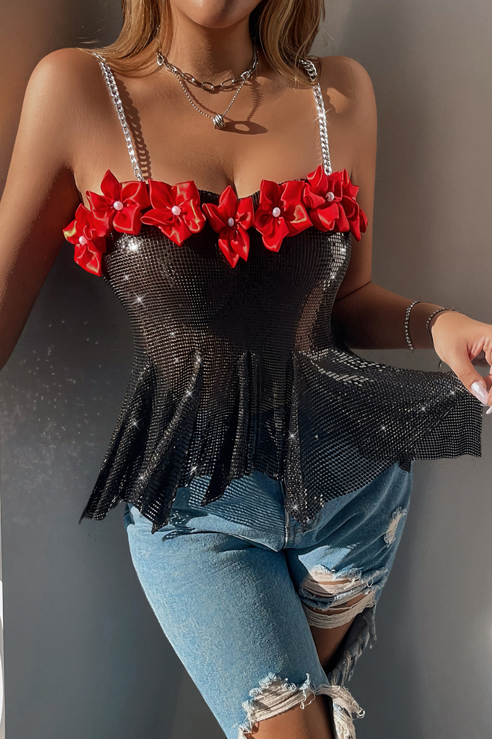 Red flowers Backless Chainmail Top