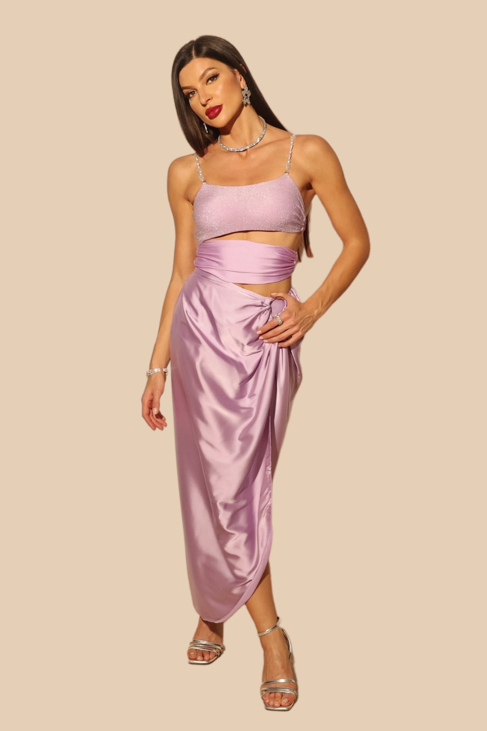 Purple Bodysuit & Satin Skirt Set